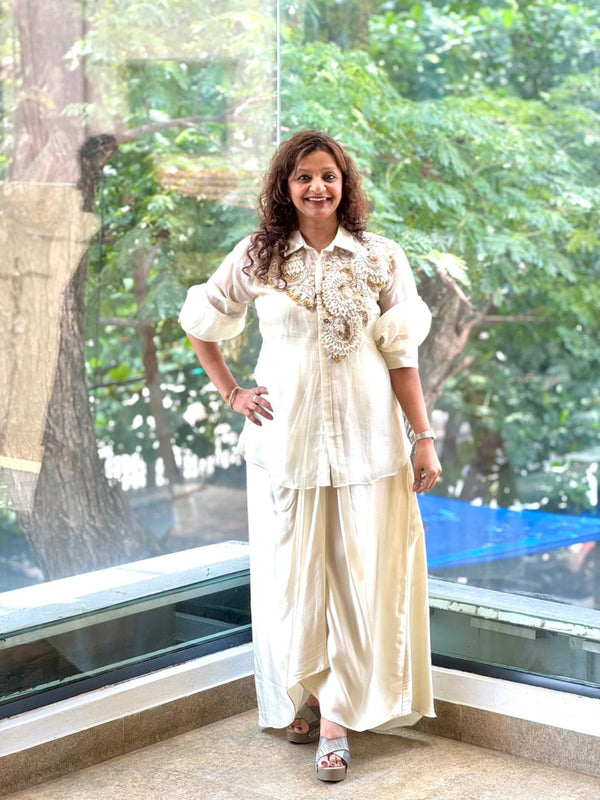 Beige Organza Shirt & Pleated Skirt Set with Applique Detail