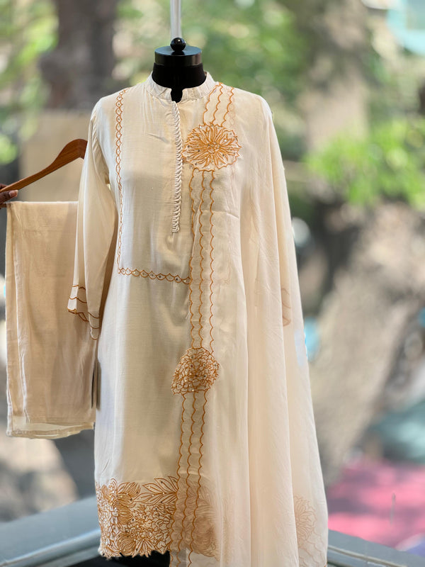 Cream ,Yellow Thread Work Suit Set