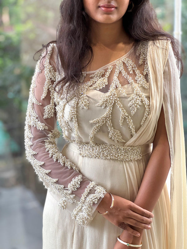 Off White Intricate Work Drape Gown