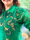 Emerald Green Organza Shirt & Pleated Skirt Set with Applique Detail