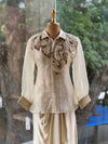Beige Organza Shirt & Pleated Skirt Set with Applique Detail