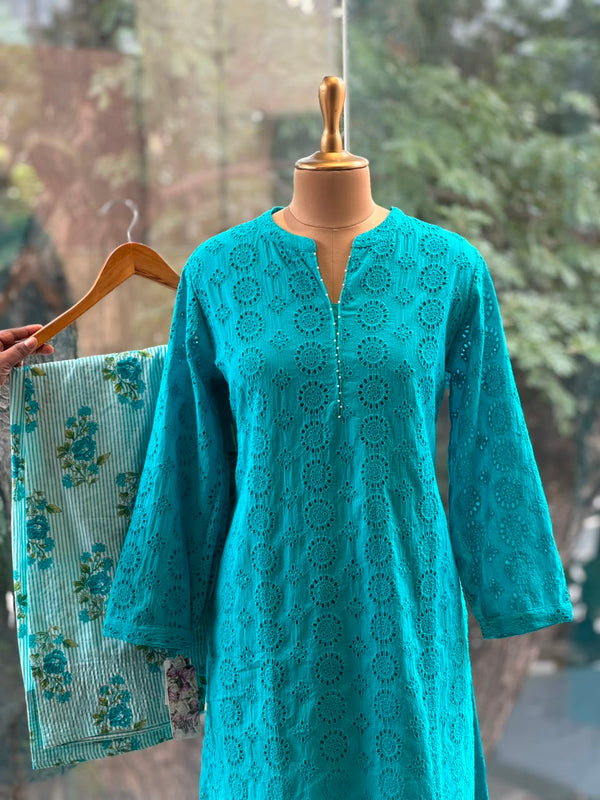 Pure Cotton Schiffli Farshi Kurta Set with Printed Pants