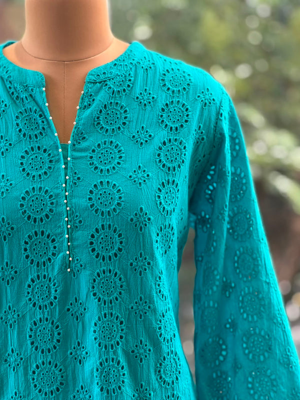 Pure Cotton Schiffli Farshi Kurta Set with Printed Pants