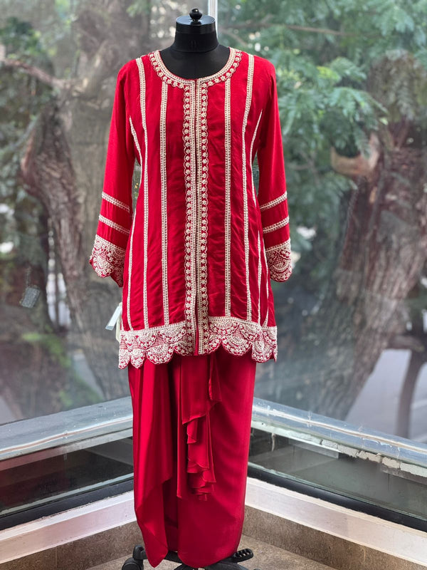 Red Embroidered Skirt Set