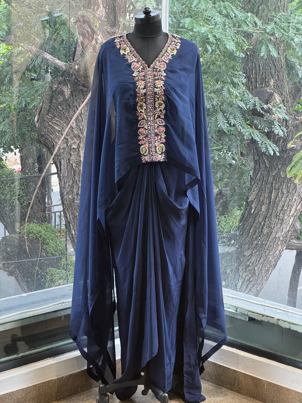 Navy Blue Intricate Yolk Cape Set