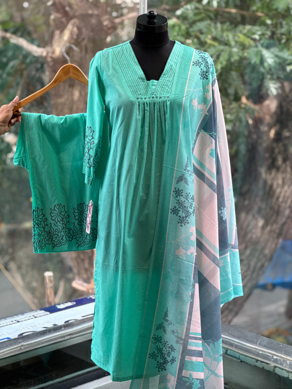 Sea Green Mul Dupatta Set