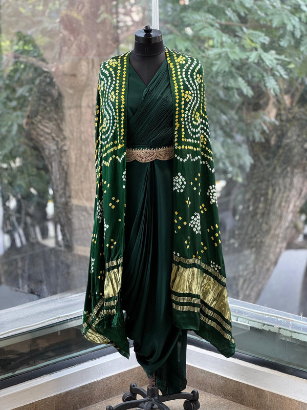 Green Bandhej Cape Set
