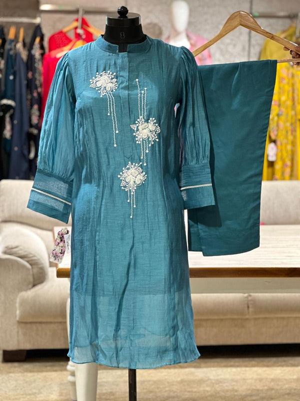 Teal Blue Chanderi Mul Co Ord