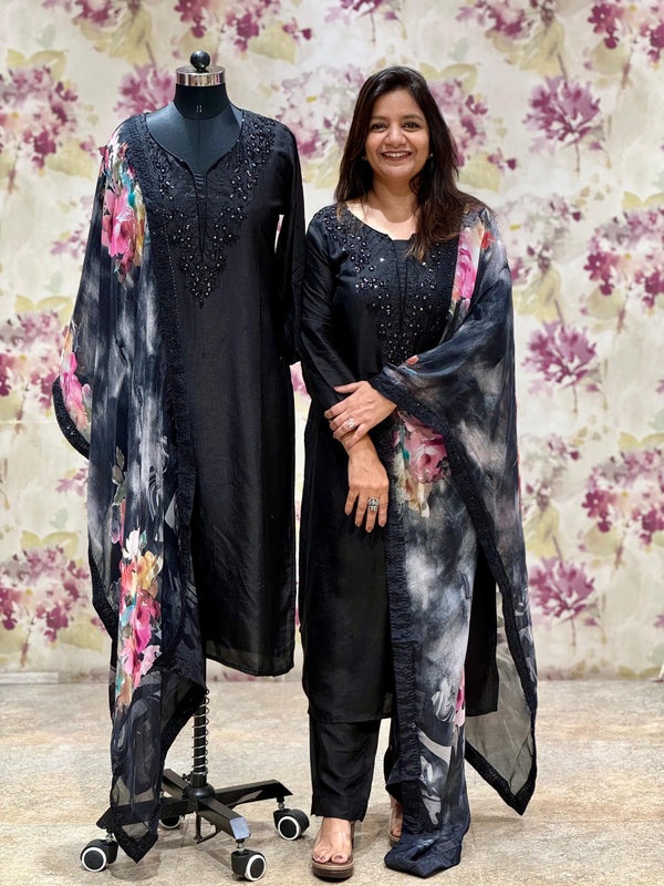 Black Floral Dupatta set