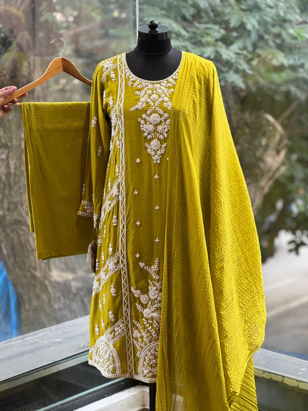 Green White Embroidery Suit