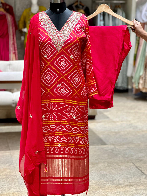 Red Gota Neck Bandhej Suit Set