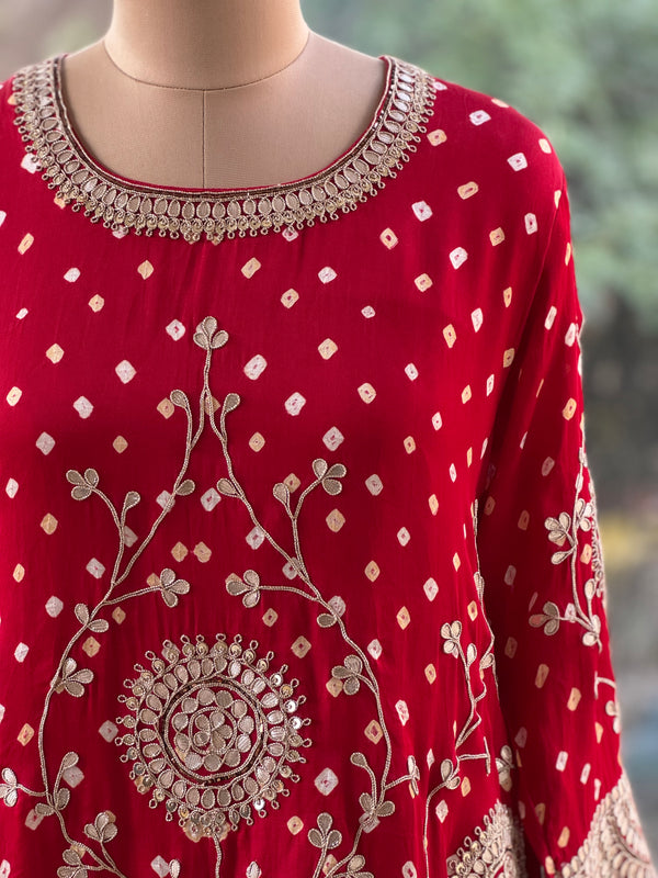 Red Bandhej Skirt Set