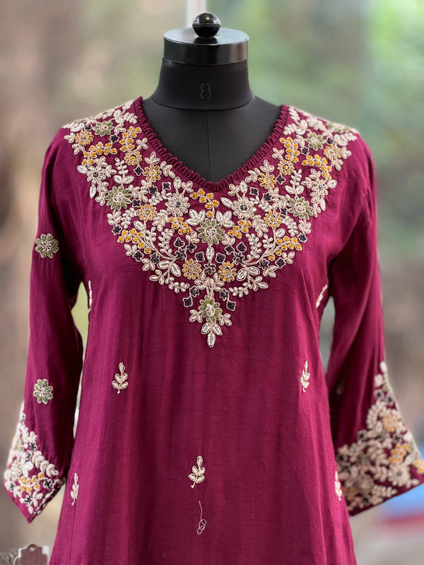Purple Yolk Embroidered Suit Set