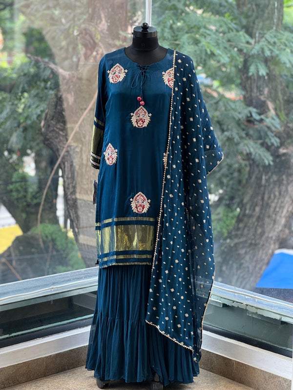 Blue Gajji Silk Skirt Set