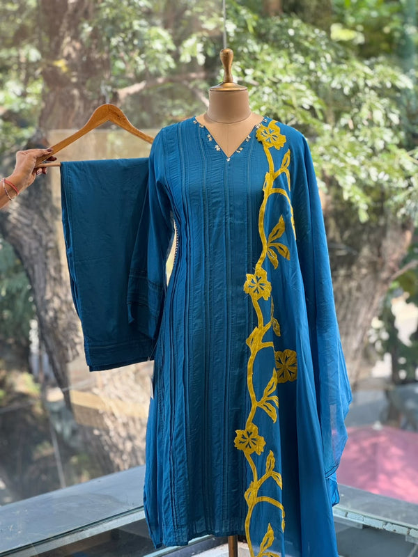 Blue Patch Work Dupatta Set