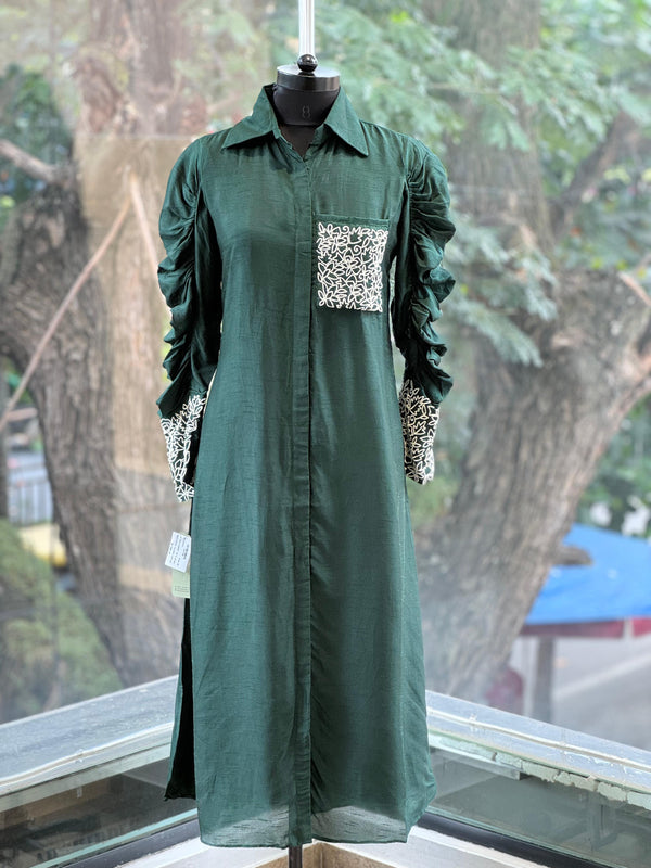 Green Ruched Sleeves Tunic