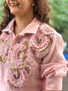 Light Pink Organza Shirt & Pleated Skirt Set with Applique Detail