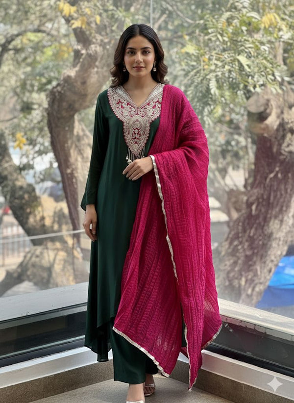 Green Crushed Dupatta Set