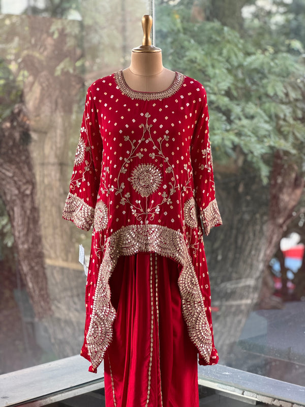 Red Bandhej Skirt Set