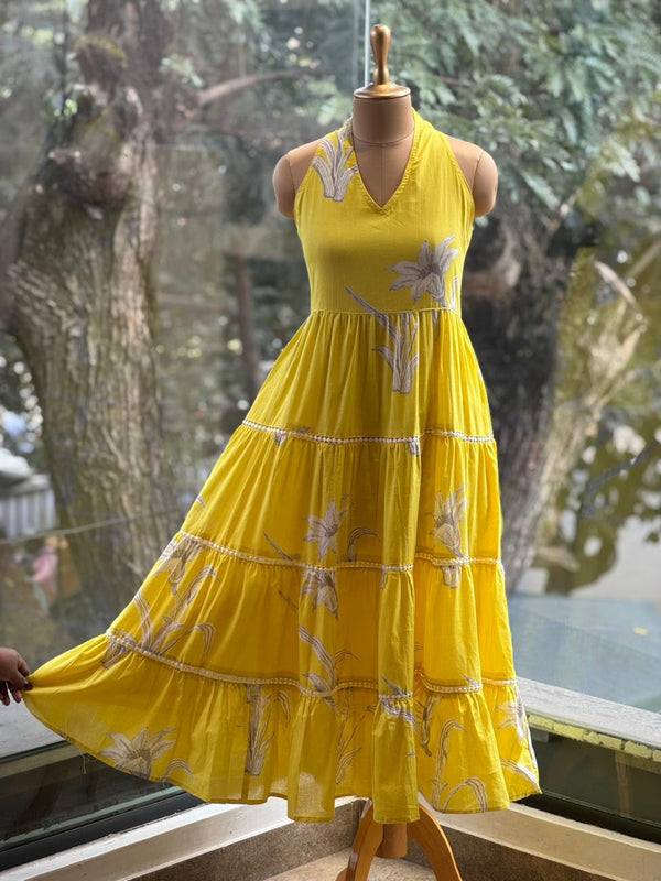 Yellow Mul Halter Neck Dress