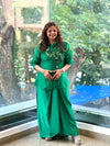 Emerald Green Organza Shirt & Pleated Skirt Set with Applique Detail