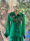 Emerald Green Organza Shirt & Pleated Skirt Set with Applique Detail