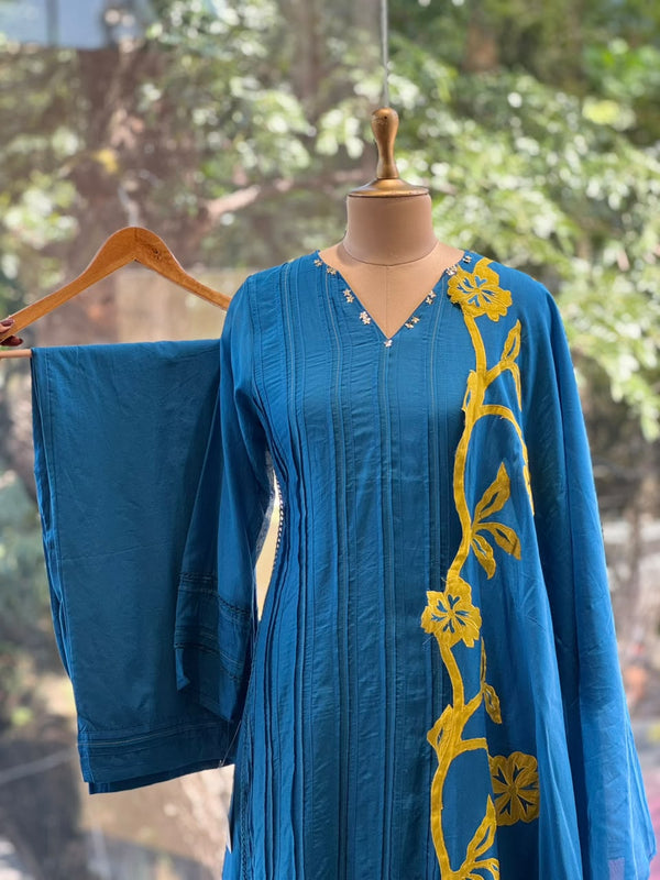 Blue Patch Work Dupatta Set
