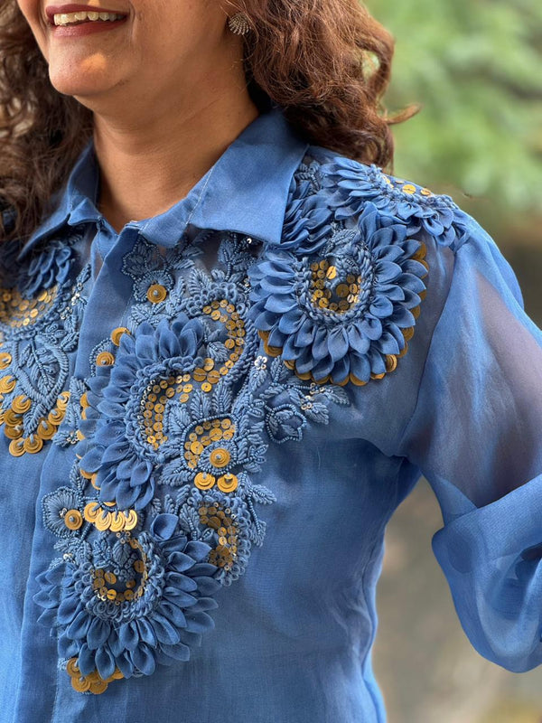 Blue Organza Shirt & Pleated Skirt Set with Applique Detail