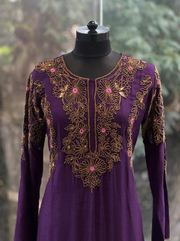 Purple Gold Beads Work Suit