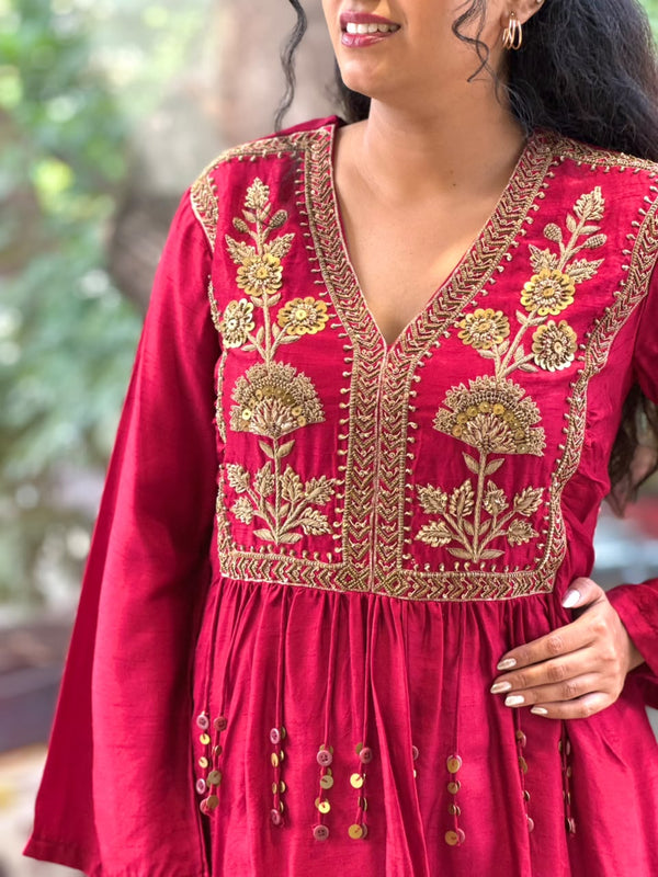 Maroon Peplum Top Skirt Set