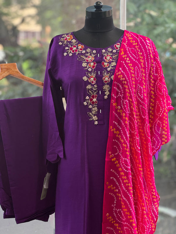 Purple Bandhej Dupatta Set
