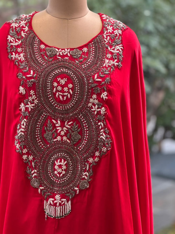 Red Intricate Yoke Cape Set