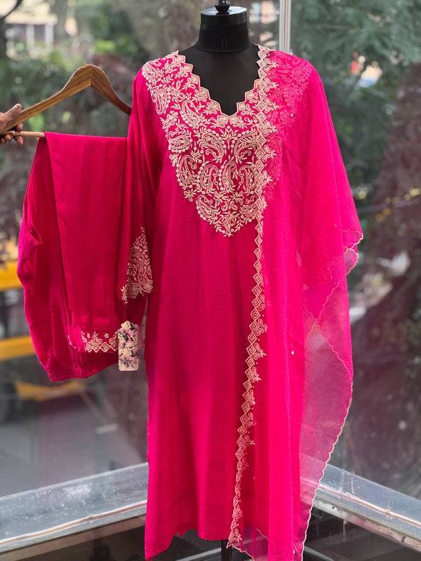 Pink Embroidered Yolk Suit Set