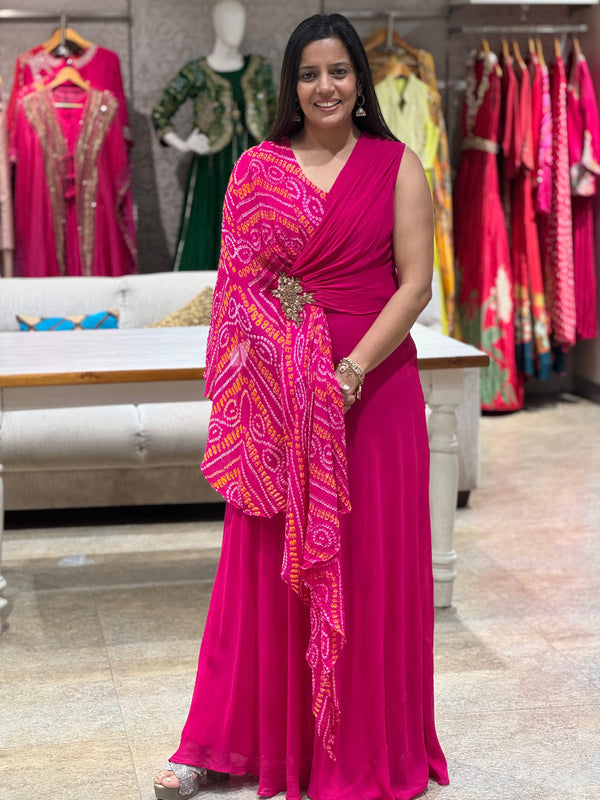 Pink Bandhej Gown