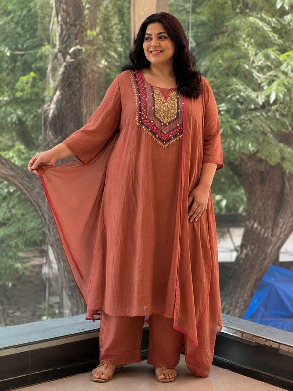 Rust Mirror work Dupatta Set