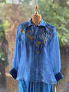 Blue Organza Shirt & Pleated Skirt Set with Applique Detail