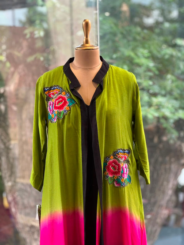 Green Color Block Jacket Set