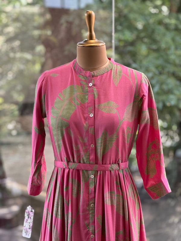 Pink Leaf Print Tiered Dress