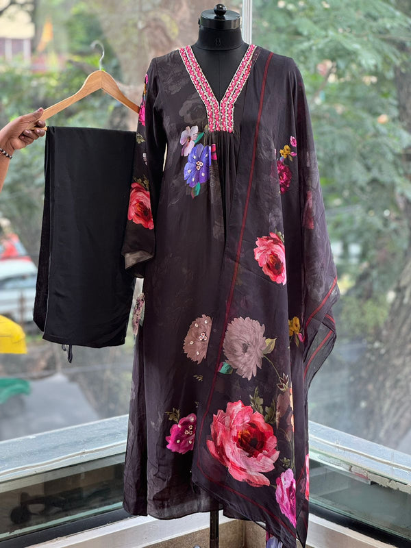 Black Floral Digital Printed Suit Set