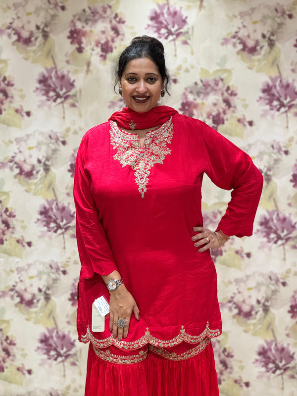Red Intricate Yolk Sharara Set