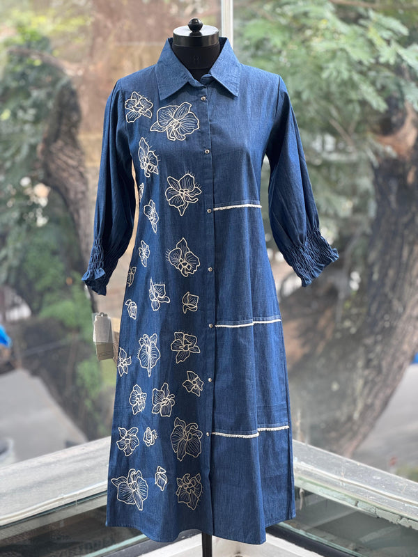 Denim Flower Embroidery Tunic
