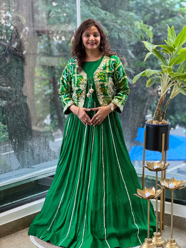 Green Bandhej Jacket Set Gown