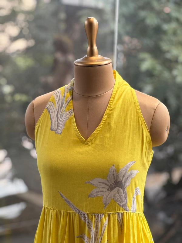 Yellow Mul Halter Neck Dress
