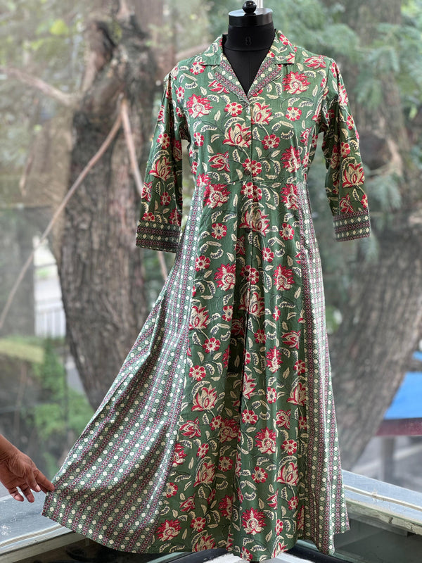 Green Collared Neck Floral A-Tunic