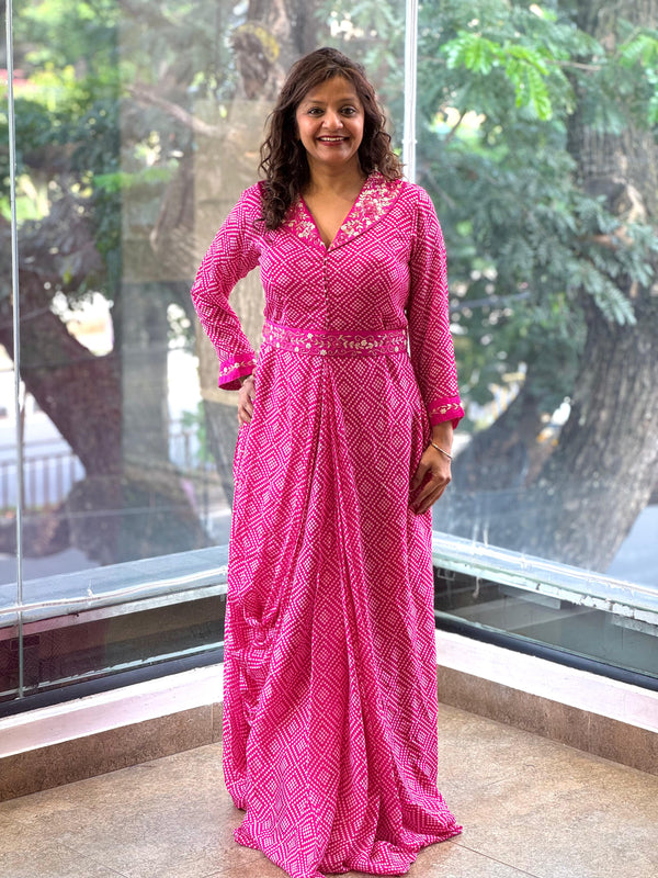 Pink Bandhej Gown