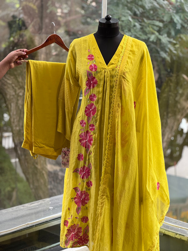 Yellow Embroidered Mul Suit