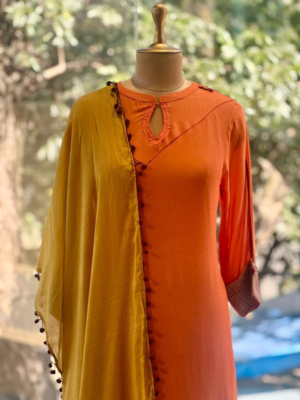 Orange Patch Work Dupatta Set