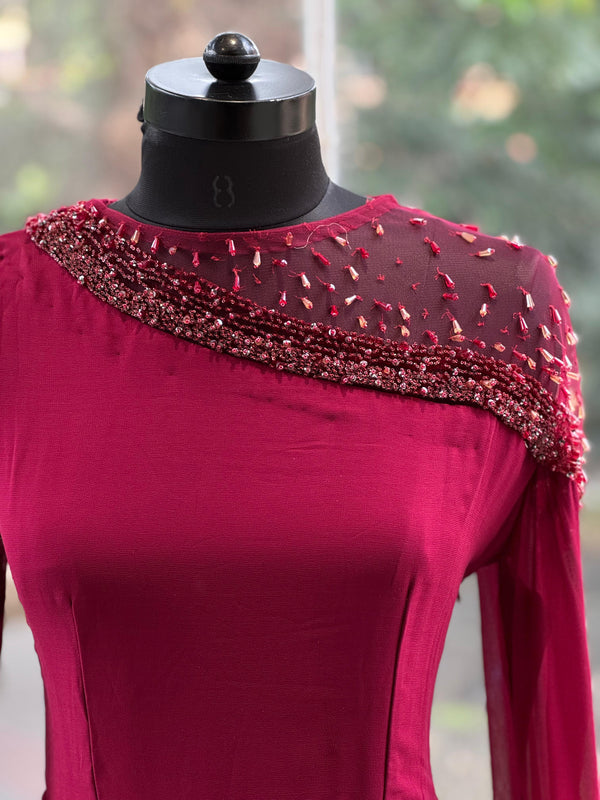 Maroon Tail Sleeves Gown