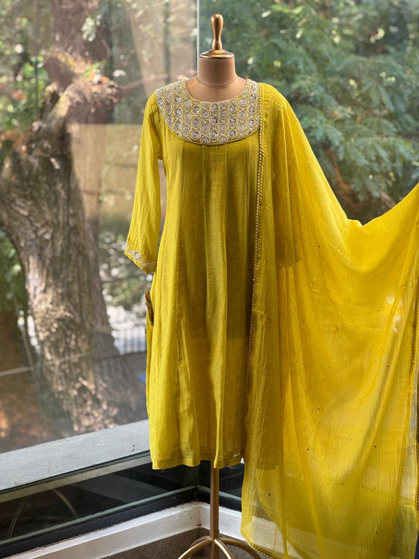 Yellow Mul Beads Work Suit