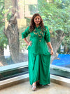 Emerald Green Organza Shirt & Pleated Skirt Set with Applique Detail